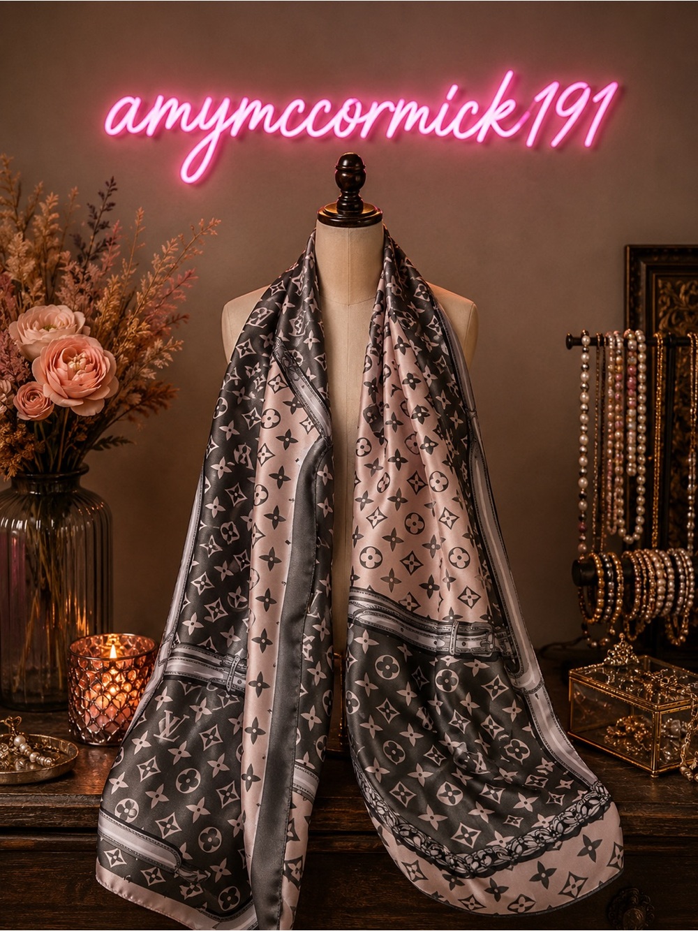 Elegant Pink and Gray Patterned logo Women's Scarf w/ iconic monogram & motifs